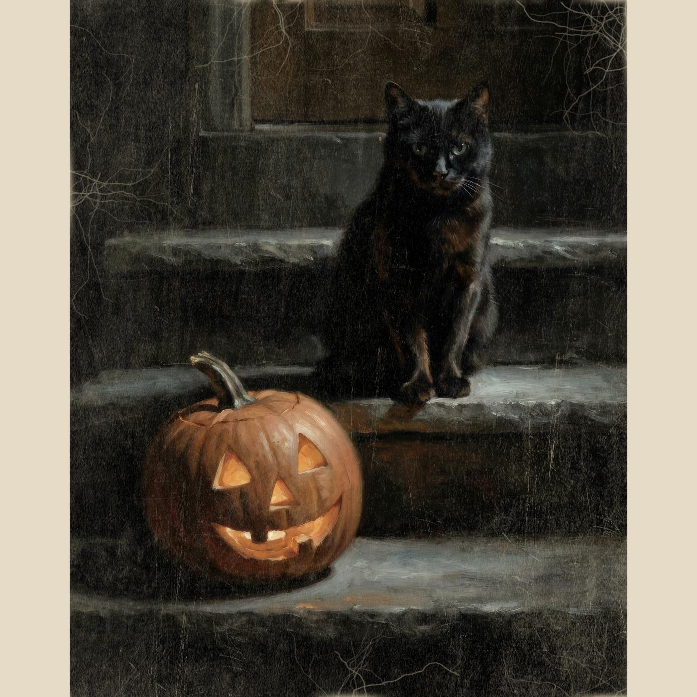 Black Cat and Jack O Lantern Halloween wall art: a black cat on cold stone steps above a glowing carved jack o lantern, digitally illustrated in an aged, candlelit vintage style