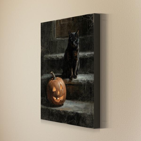 Black Cat and Jack O Lantern moody Halloween wall art as a gallery wrapped canvas with finished edges
