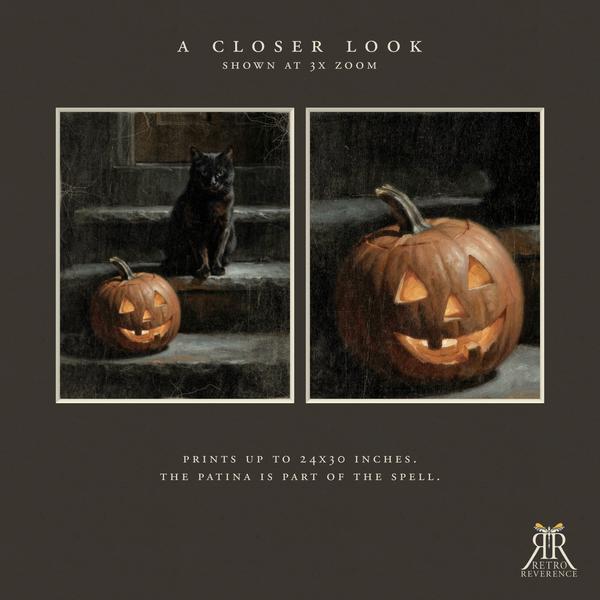 Close-up detail of the black cat and jack o lantern artwork showing the aged, textured finish