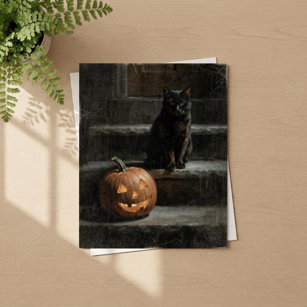 Black Cat and Jack O Lantern moody Halloween wall art as a framed fine art paper print