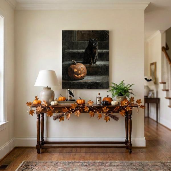 Black Cat and Jack O Lantern wall art hanging in a styled room: a black cat on cold stone steps above a glowing carved jack o lantern