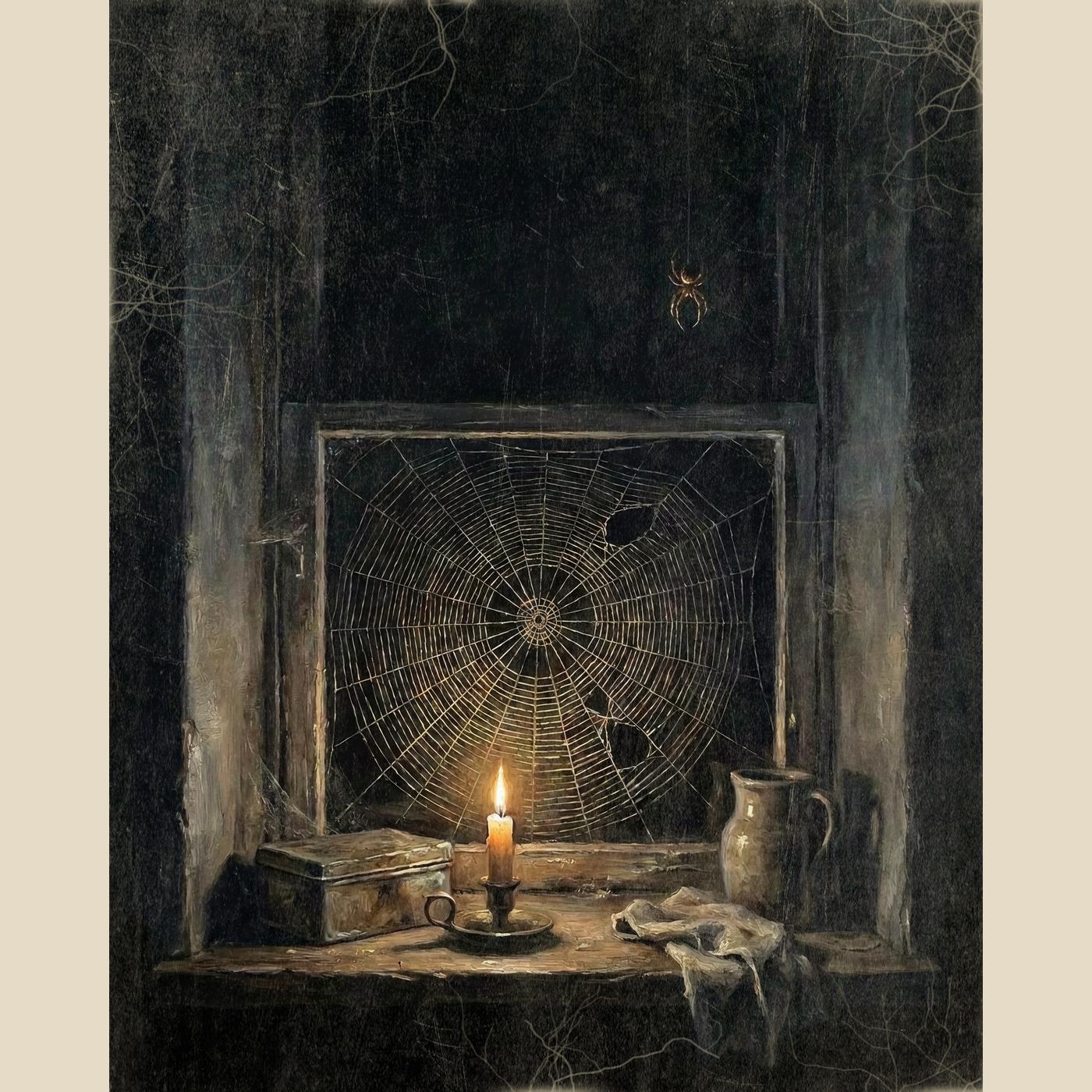 Spider Web Halloween wall art: a spider web strung across an old window beside a candle, a jug and a linen cloth, digitally illustrated in an aged, candlelit vintage style