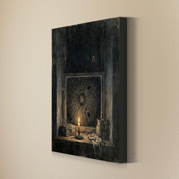Spider Web moody Halloween wall art as a gallery wrapped canvas with finished edges