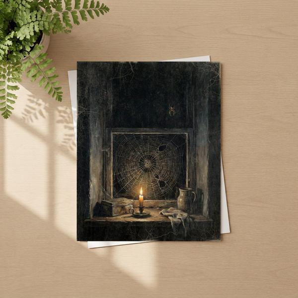 Spider Web moody Halloween wall art as a framed fine art paper print