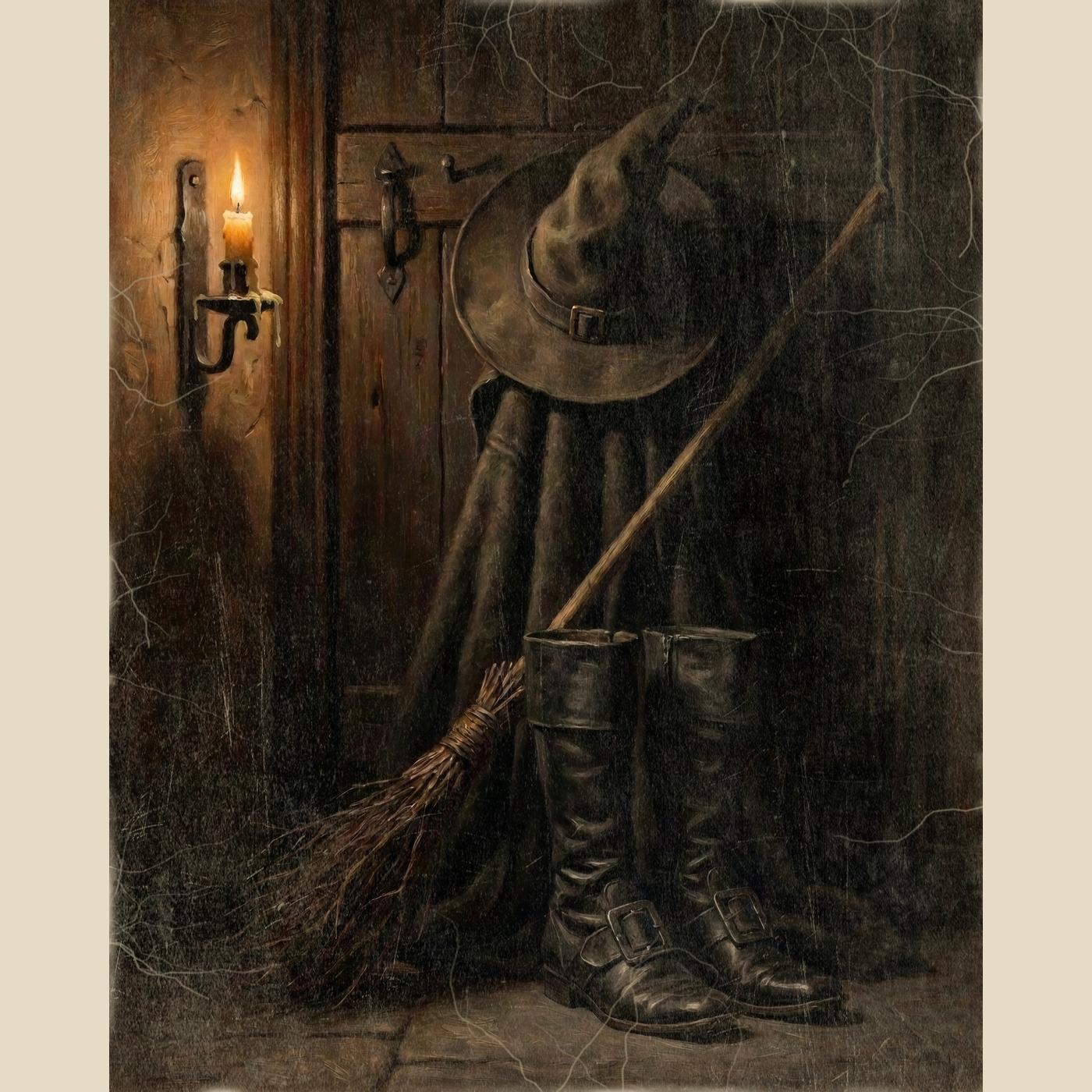 Witch Hat, Broom and Boots Halloween wall art: a witch’s pointed hat and cloak on a door with boots at the threshold and a broom against the wall, digitally illustrated in an aged, candlelit vintage style