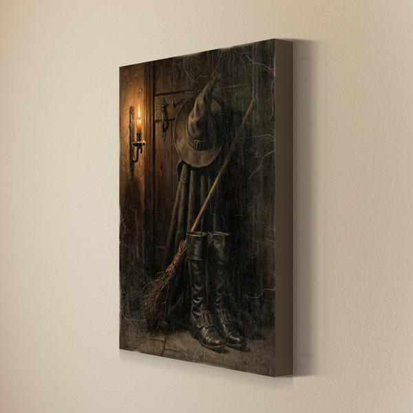 Witch Hat, Broom and Boots moody Halloween wall art as a gallery wrapped canvas with finished edges