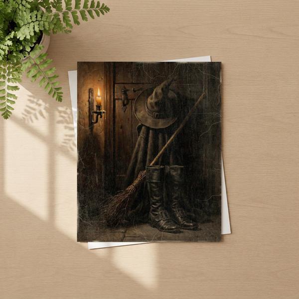 Witch Hat, Broom and Boots moody Halloween wall art as a framed fine art paper print
